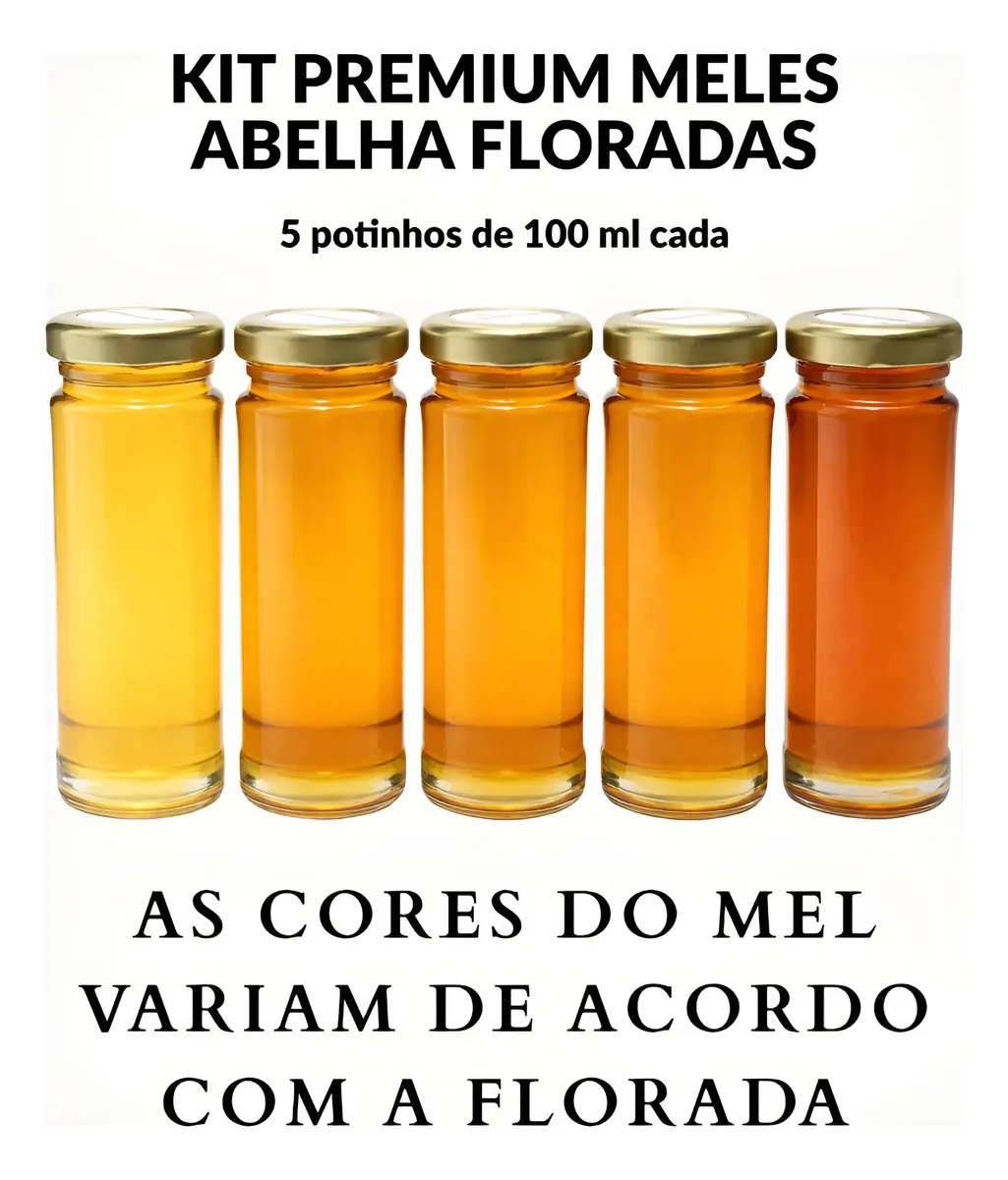 Kit Premium com cinco potinhos de mel mostrando as diferentes cores de cada florada